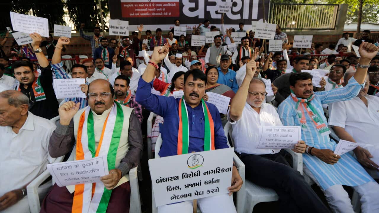 Supporters of India's opposition Congress party protest against the Citizenship Amendment Bill in Ahmadabad, India