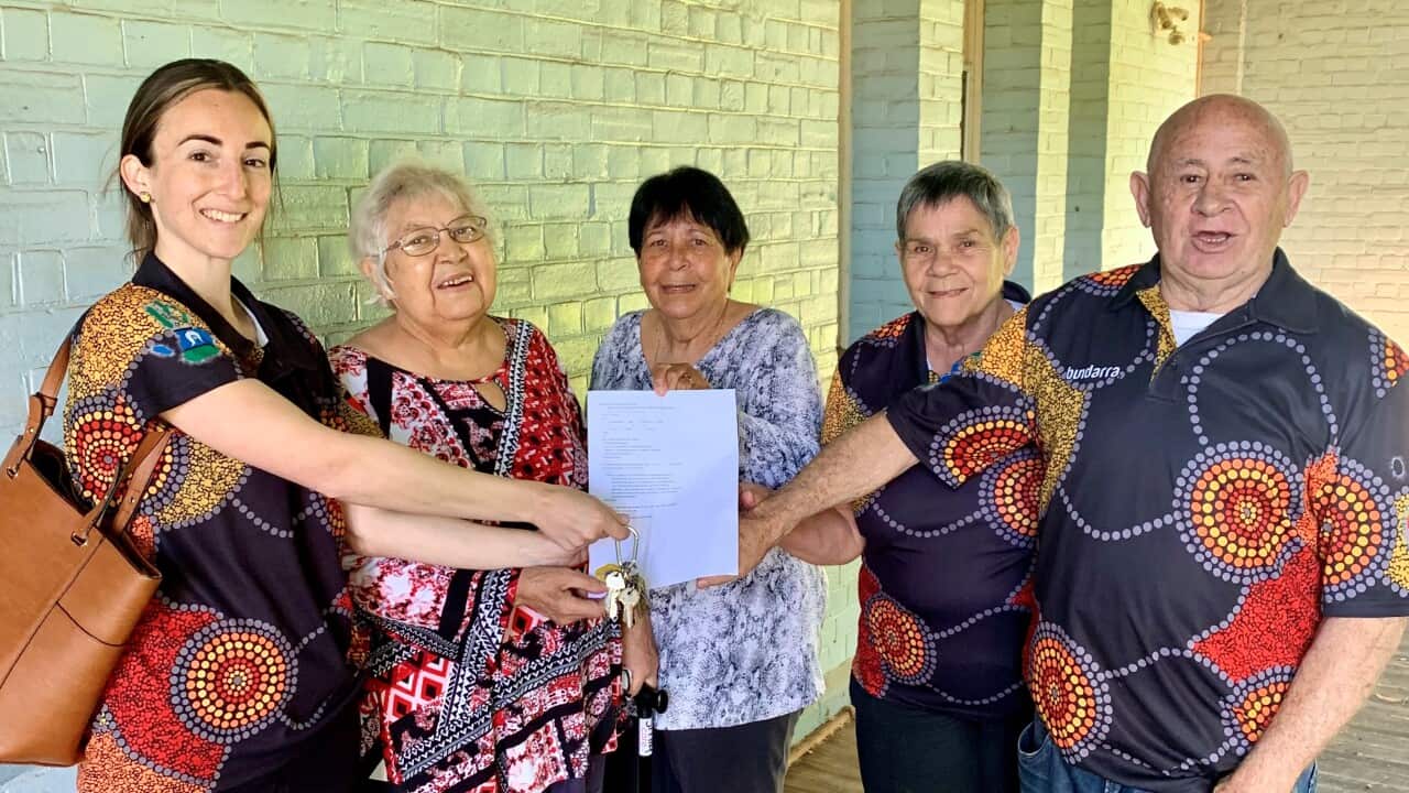 Monique Monzett; Irene Nixon, Margaret Leslie, Beryl Dowd and Brian Dowd (all board members of Coonabarabran LALC)