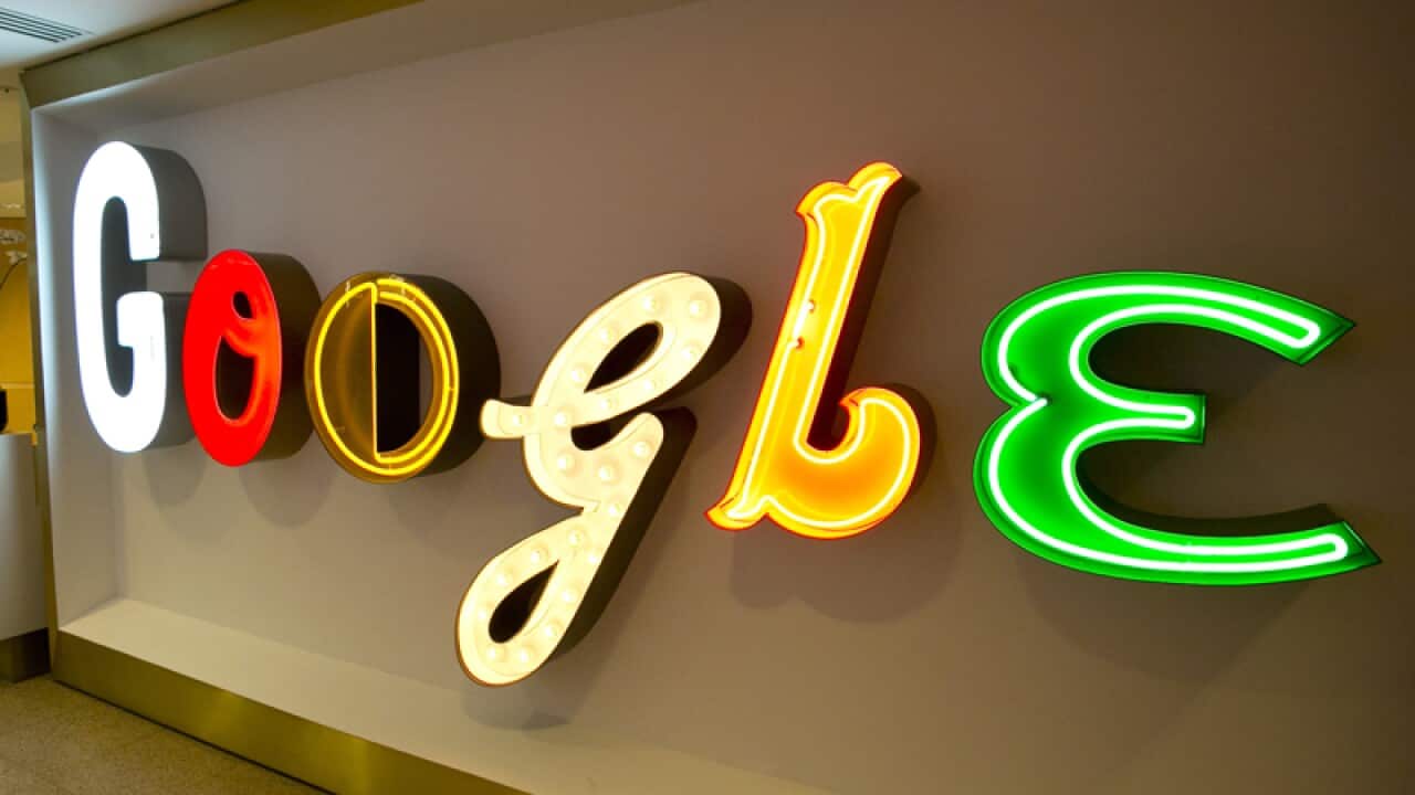 Google's trademark name in the lobby of it's company office
