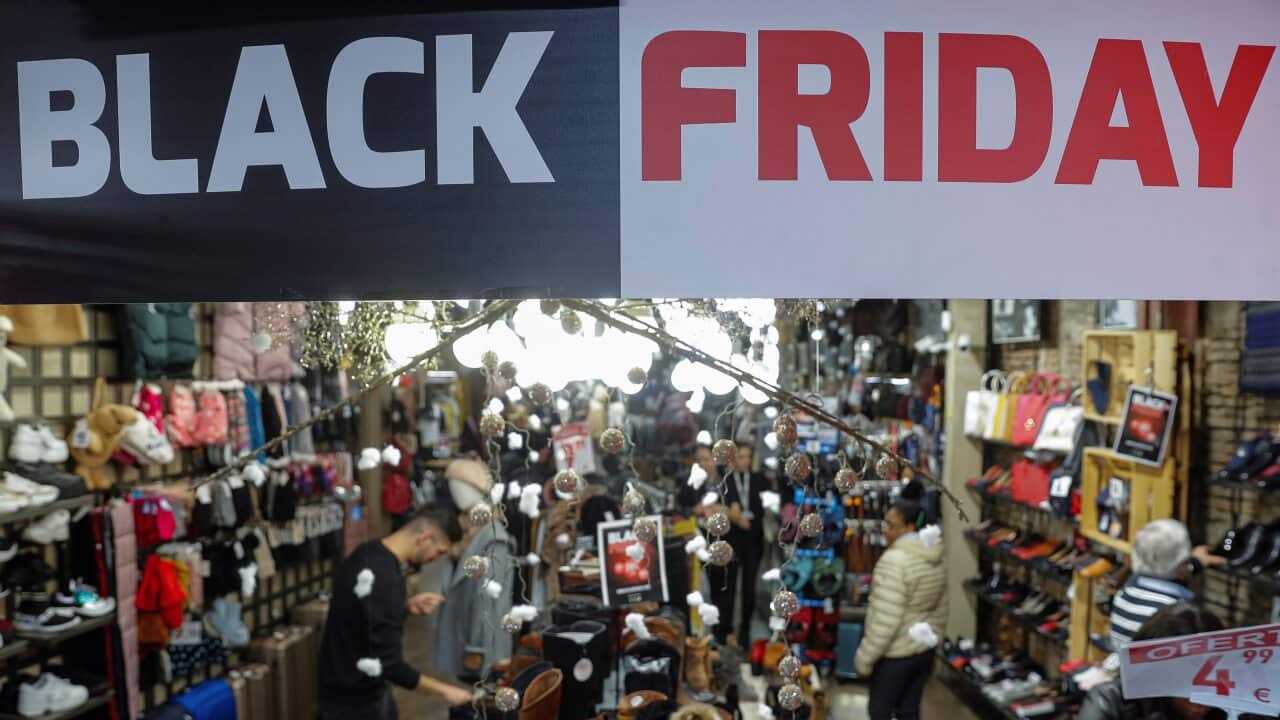 A store displays Black Friday advertising in downtown in Madrid, Spain, 27 November 2019.