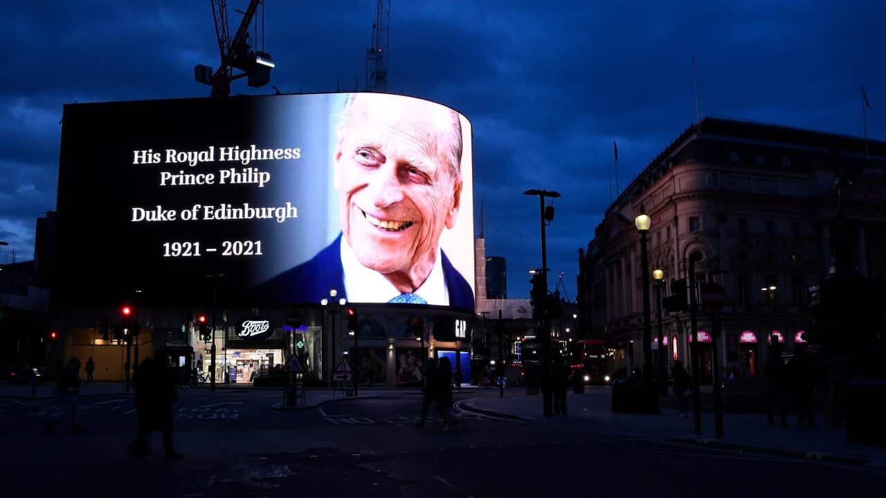 A tribute to Britain's Prince Philip is projected onto a large screen at Piccadilly Circus in London, Friday, 9 April, 2021.