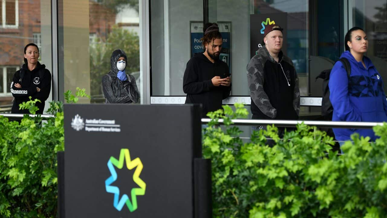 People are seen queuing outside a Centrelink office in Bondi Junction, Sydney.