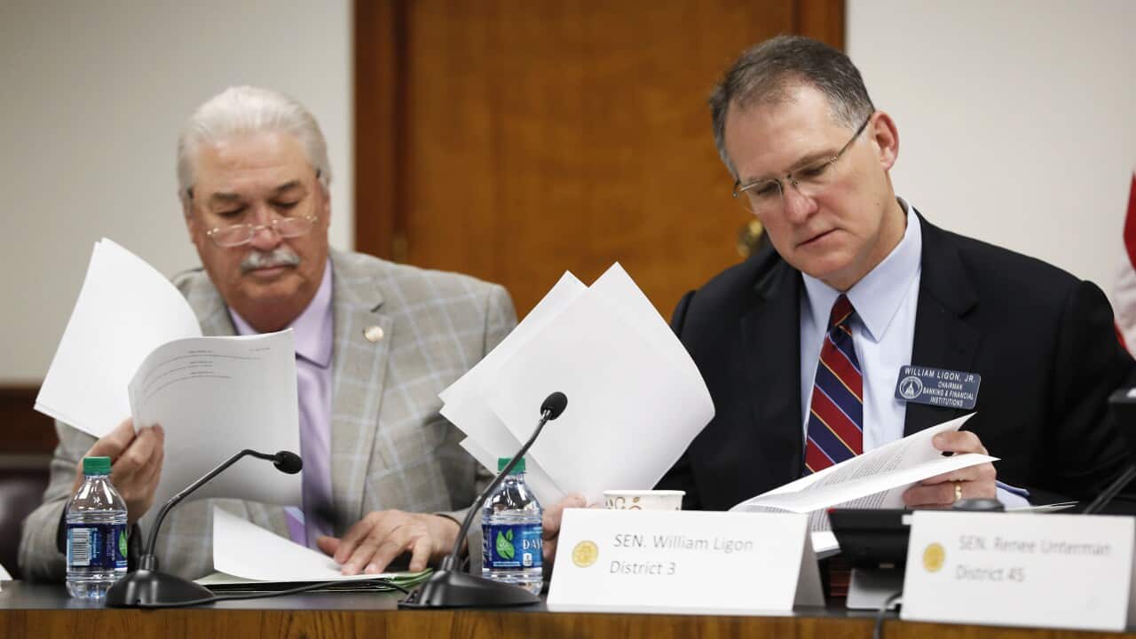 Sen. Lee Anderson, left, and Sen. William Ligon, Jr., look over proposed amendments to Georgia abortion bill on Monday, March 18, 2019.