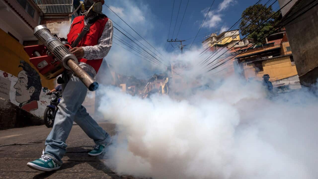 Public health workers participate in a day of fumigation in Caracas
