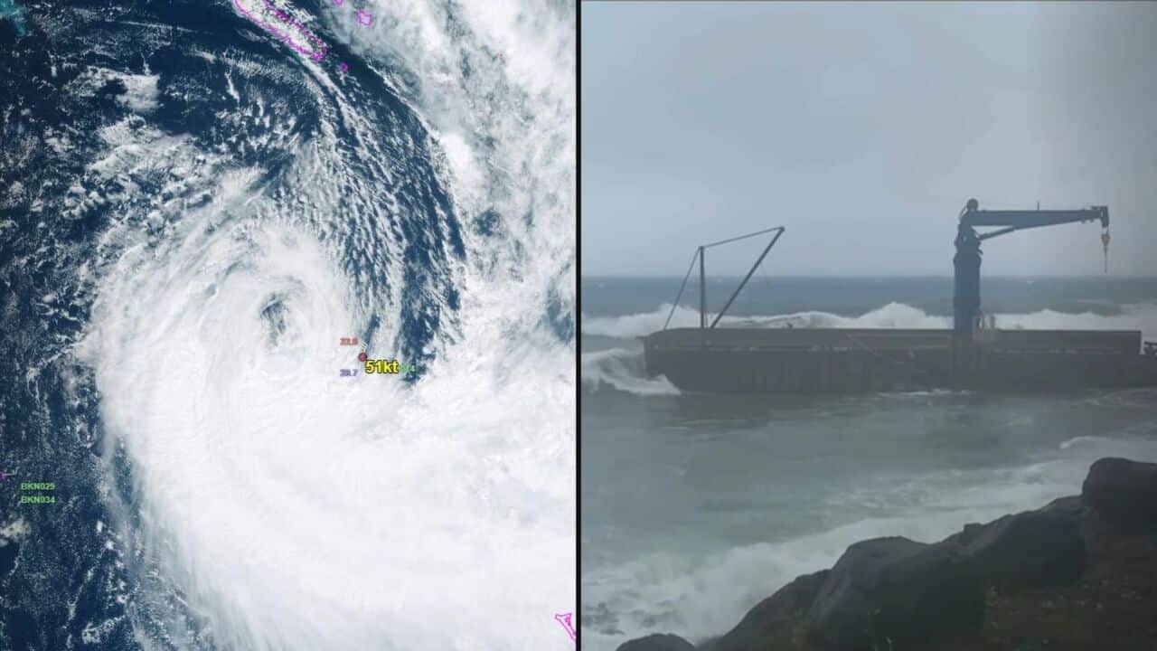 A composite image shows Cyclone Gabrielle in a satellite image on the left. On the right-hand side, large waves in Norfolk Island crash onto rocks.
