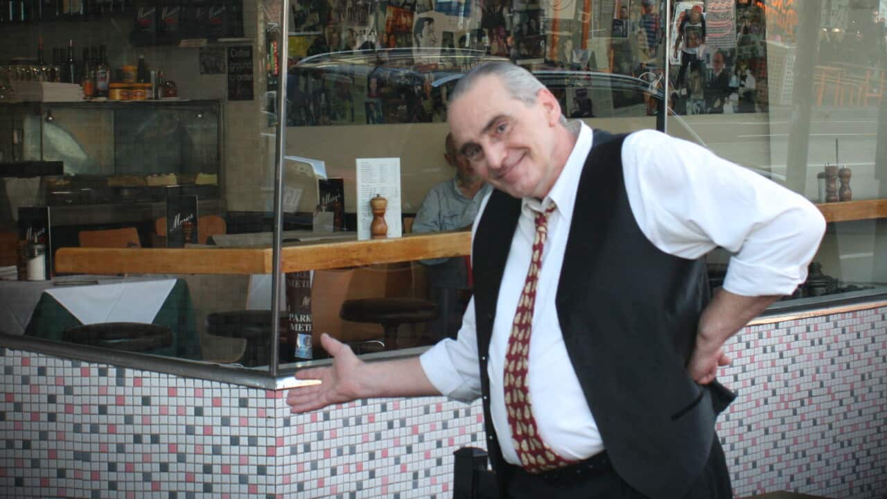 Massimo Di Sora, a waiter at Mario's for forty years, in a photo outside the restaurant dating back about ten years.