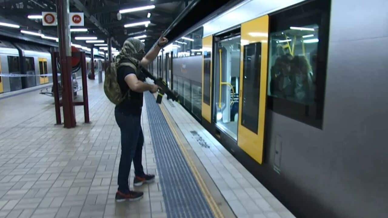 NSW Police Force members dressed as terrorists - complete with Arab-style headscarves during the training operation in Sydney. 