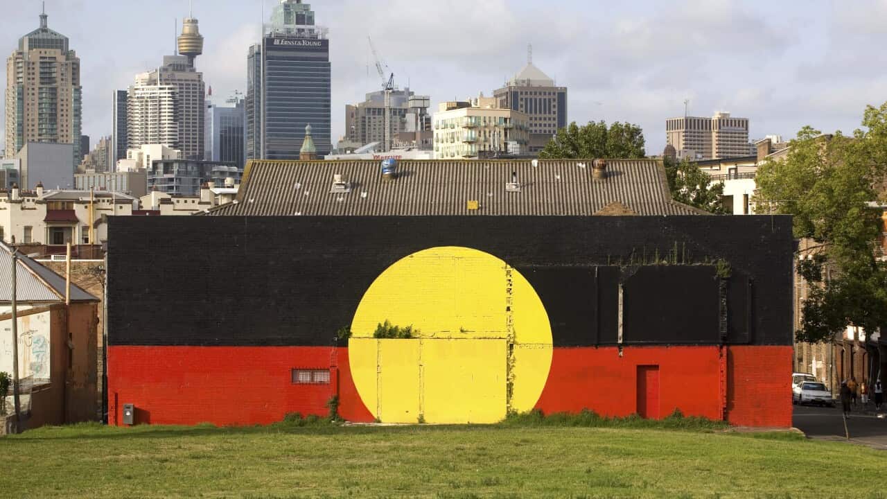 An Aboriginal flag mural in Redfern, Sydney, Australia, Monday, Jan. 28, 2008. (AP Photo/John Pryke)