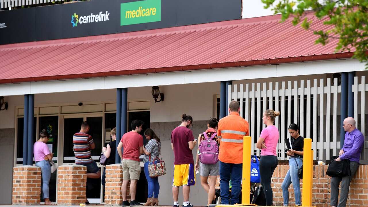 People are seen in a long queue outside a Centrelink office in Brisbane.