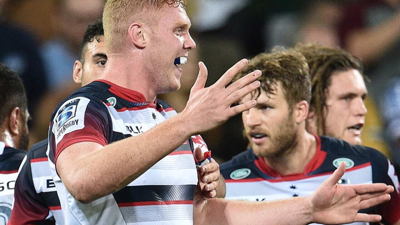 Melbourne Rebels player Sam Jeffries celebrates.
