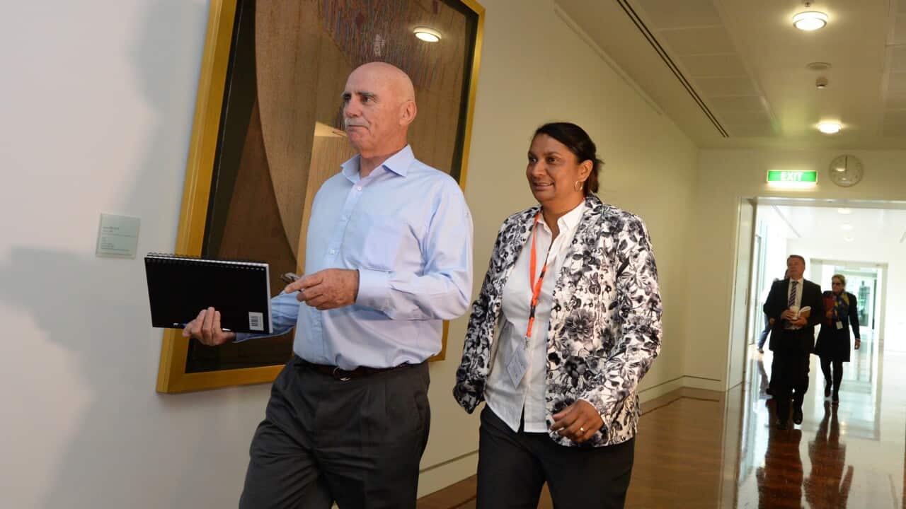 Labor MP Warren Snowden (left) and Senator Nova Peris arrive for the Labor party Caucus meeting at Parliament House in Canberra