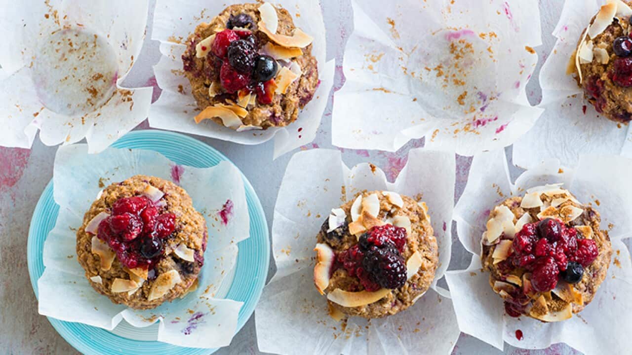 Gluten-free and dairy-free banana coconut and berry muffins