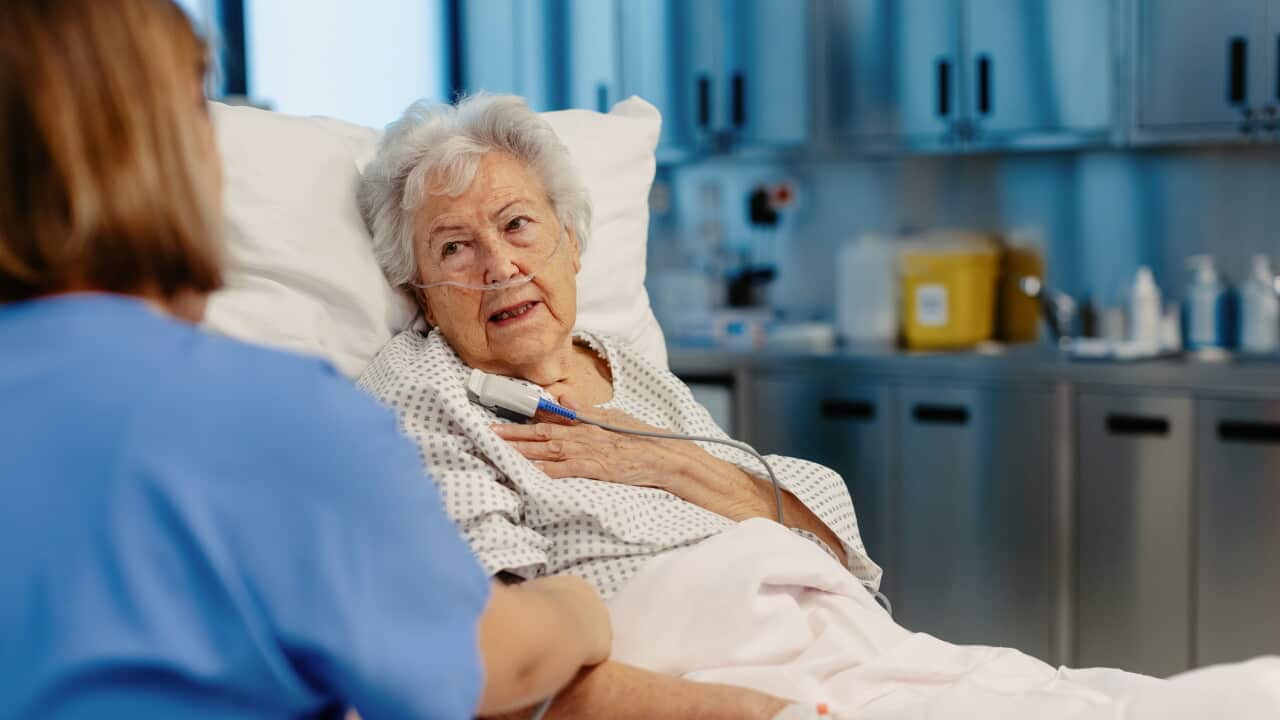 Senior patient feeling pain on chest, heart attack symptoms for elderly woman. Nurse checking on senior woman in emergency room. Healthcare and emotional support for elderly patient.