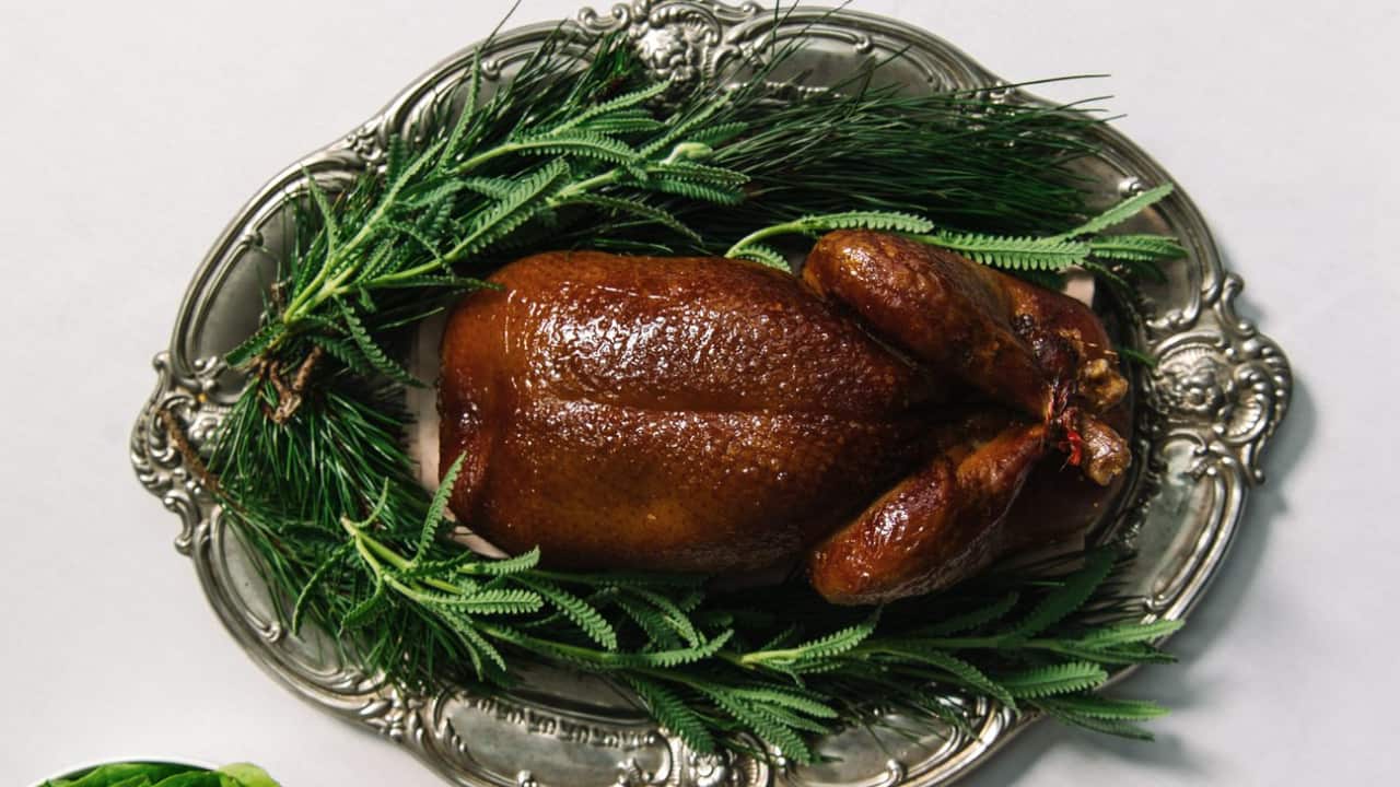 The whole dry-aged Maremma duck à la presse depicted prior to carving, pressing the carcass and serving at The Charles Grand Brasserie & Bar in Sydney.