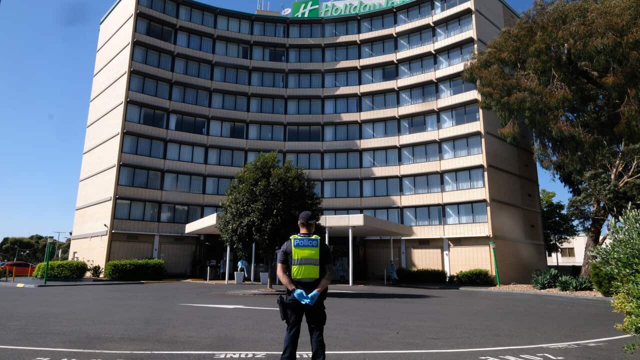 Quarantining hotel guest at the Holiday Inn near the Airport are moved to a new location in Melbourne on 10 February, 2021.
