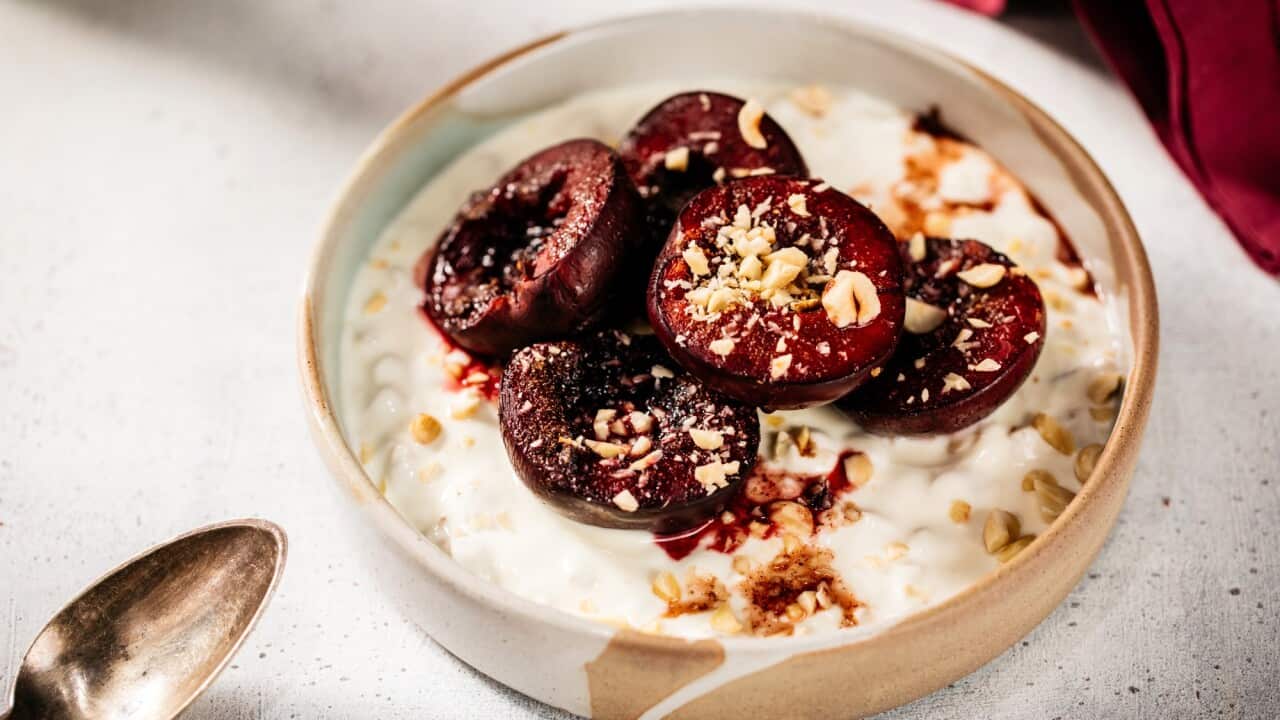 Spiced plums with hazelnut yoghurt