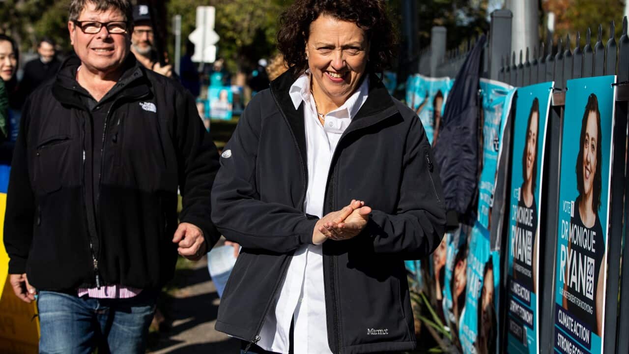 Independent candidate Dr Monique Ryan arrives at Hartwell Primary School in the seat of Kooyong, Melbourne on 21 May 2022.