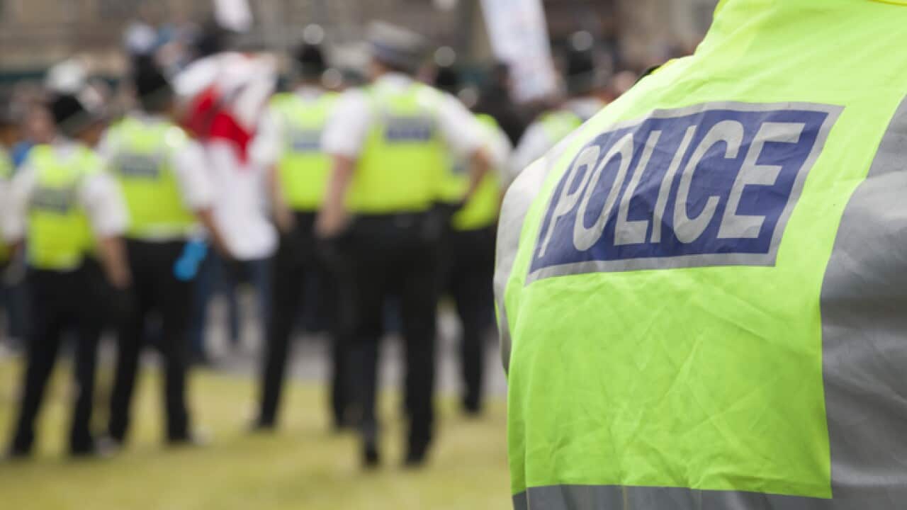 Police at a protest rally