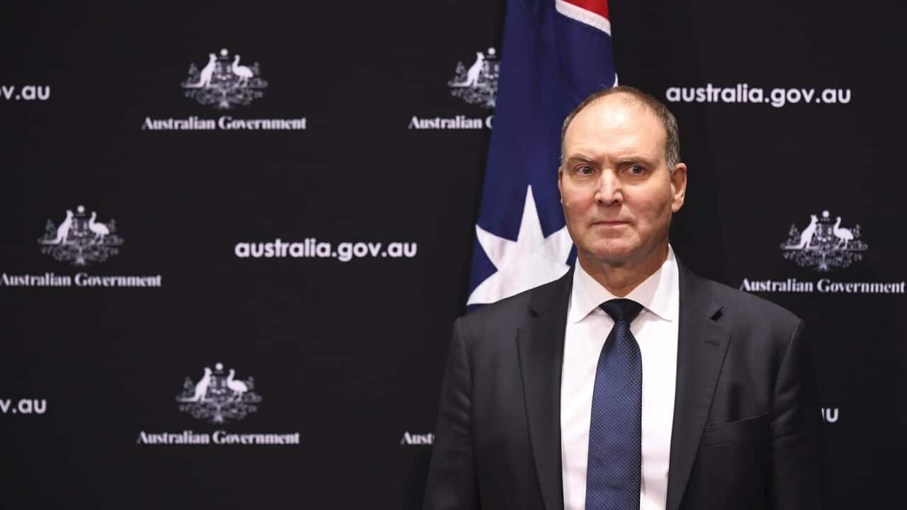 Head of the National COVID-19 Coordination Commission Nev Power speaks to the media during a press conference at Parliament House in Canberra, Tuesday, May 5, 2020. (AAP Image/Lukas Coch) NO ARCHIVING