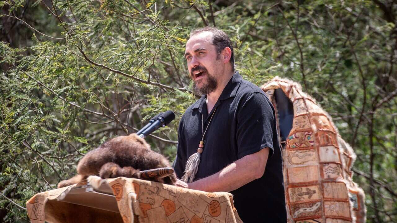Co-Chair of the Peoples Assembly Reuben Berg speaks during the Ceremonial Opening of Treaty Negotiations (AAP)