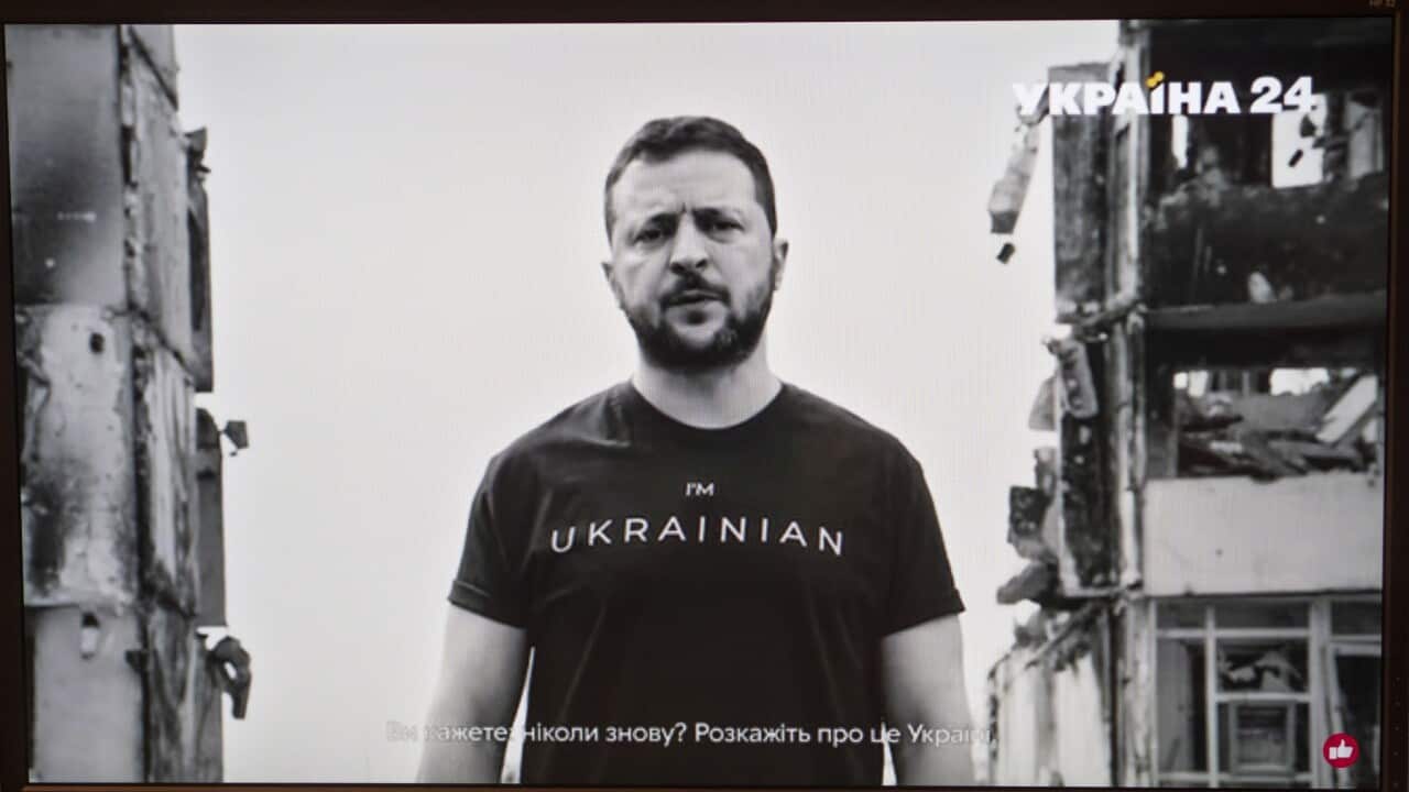 A screen grab of Volodymyr Zelensky's address in Vilshofen on the Danuba, Germany - 08 May 2022