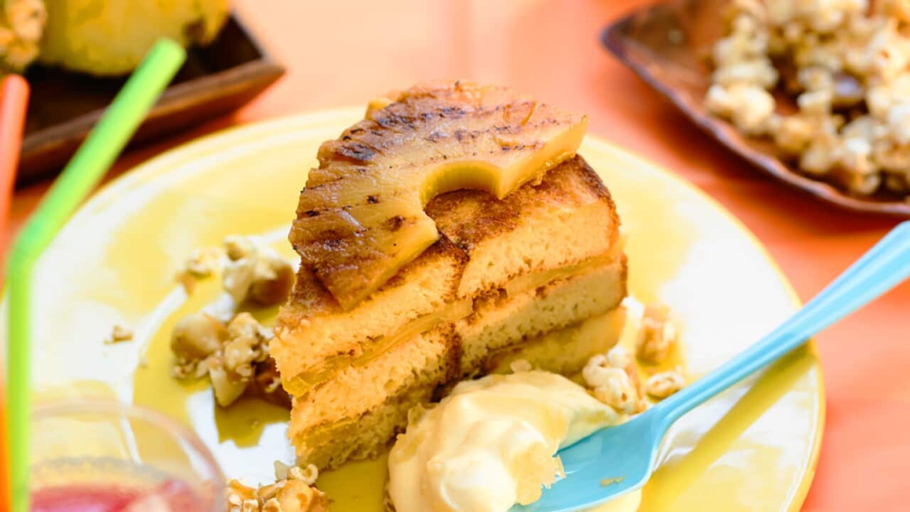 Brioche ginger pudding with glazed pineapple