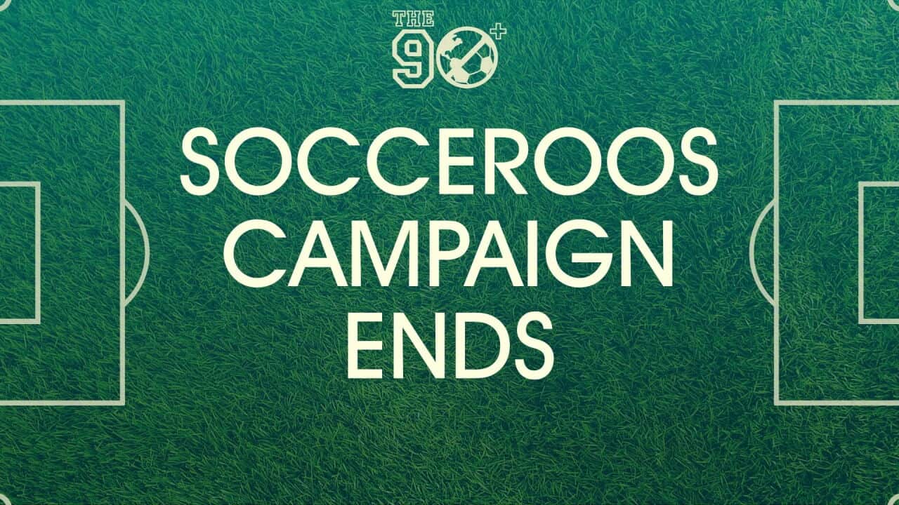 A football pitch with the words 'Socceroos campaign ends'