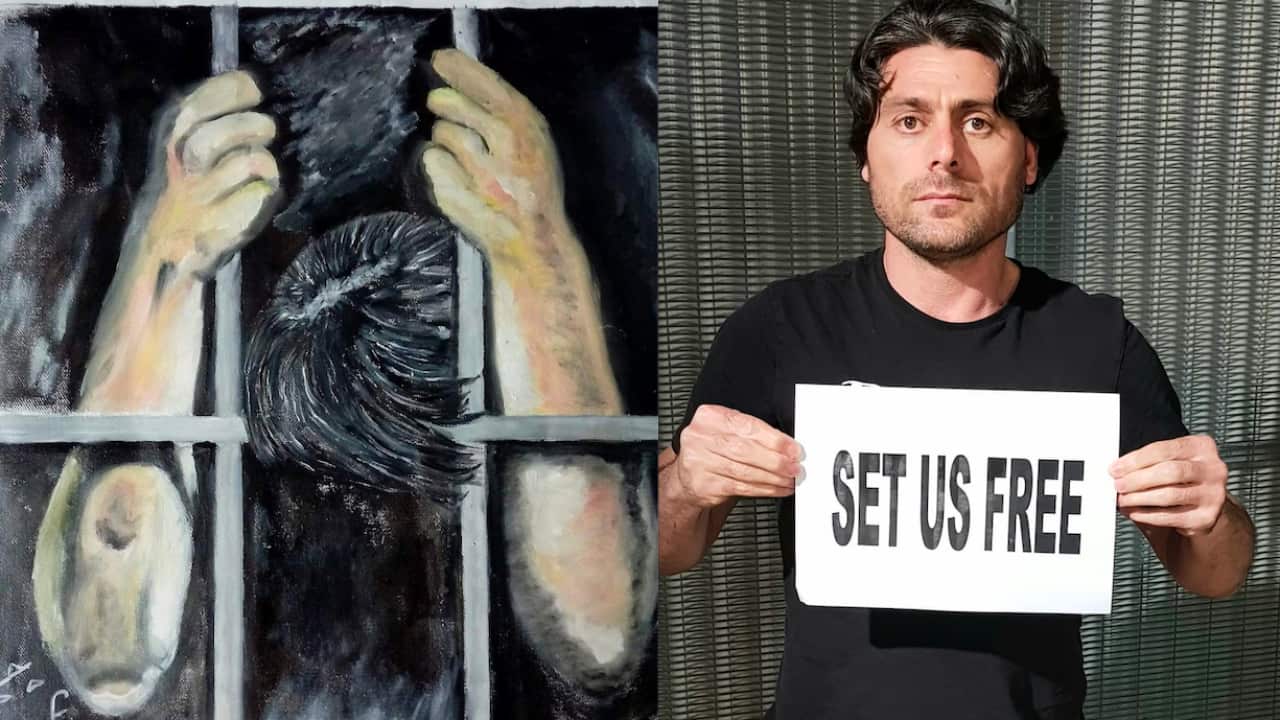 Farhad Bandesh and one of his artworks.