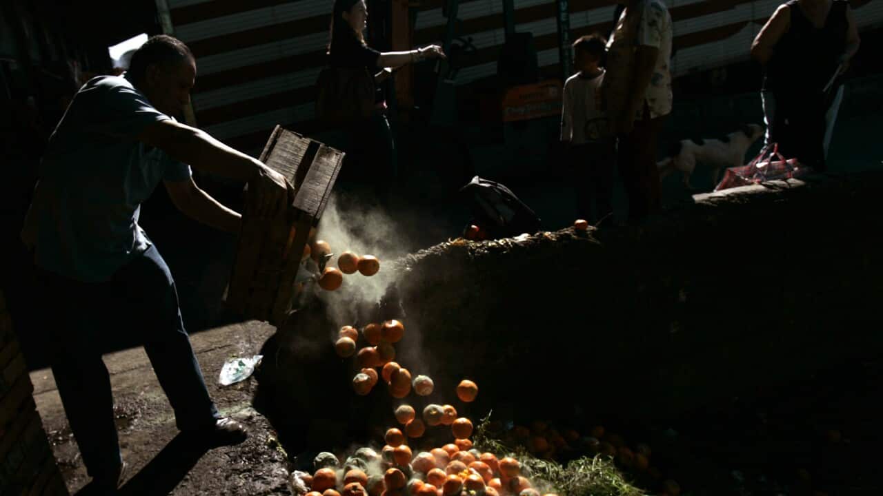 A wholesaler throws out rotten mandarins as people wait behind to sort through the produce at the central vegetable and fruit market in Buenos Aires (AP Photo/Natacha Pisarenko)