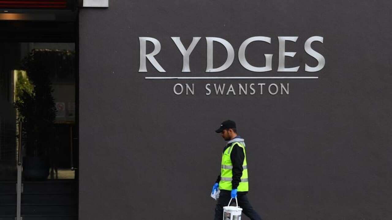 General view of signage of the Rydges on Swanston hotel in Melbourne.