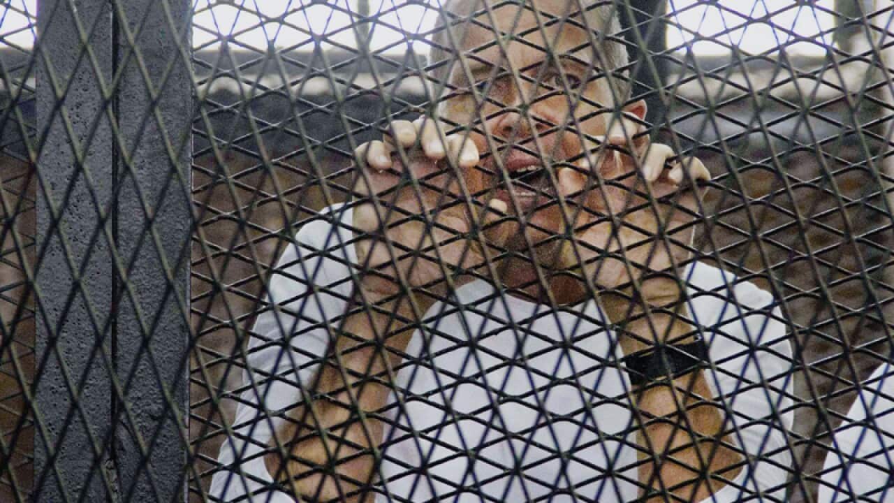 Peter Greste in the court cage.