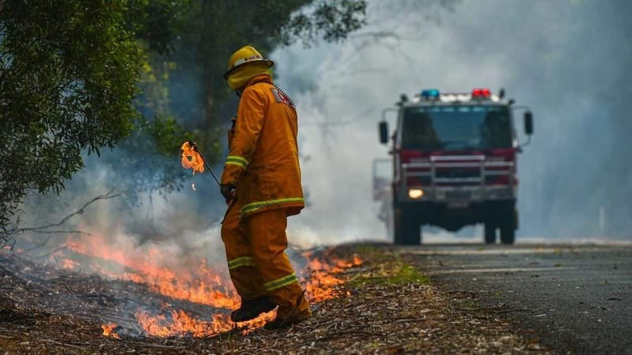 Firefighter and fire truck near Corryong, Victoria.