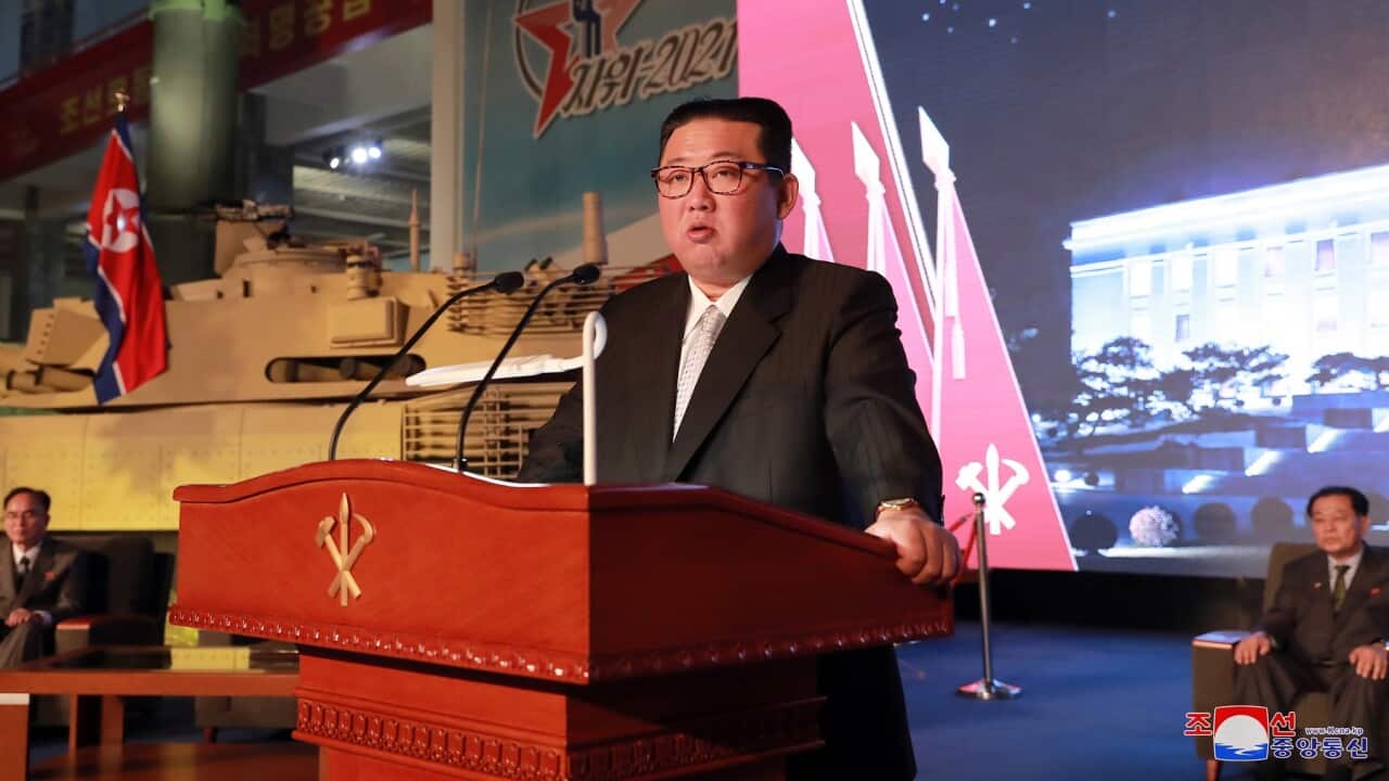 North Korean leader Kim Jong-un making an address during a visit to the 'Self-Defence-2021' defense development exhibition, in Pyongyang