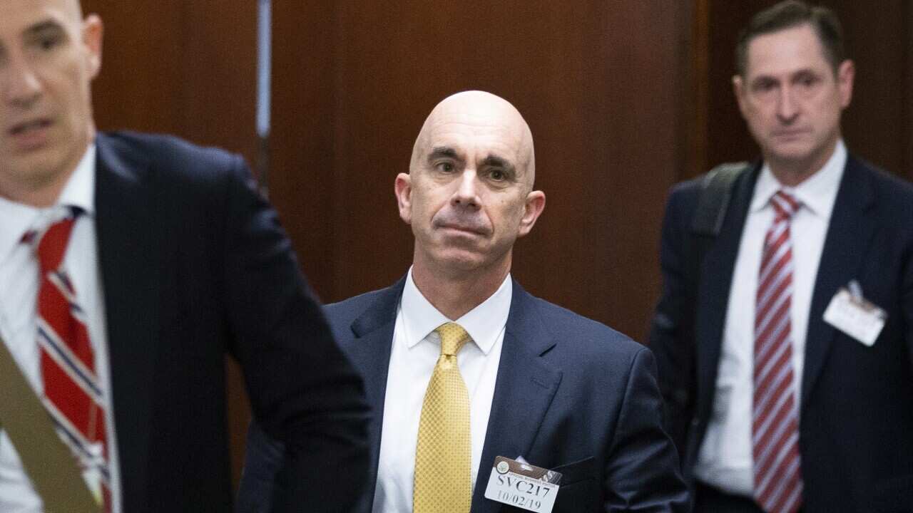 Steve Linick (C) departs a meeting on Capitol Hill in Washington, DC, USA, 02 October 2019.
