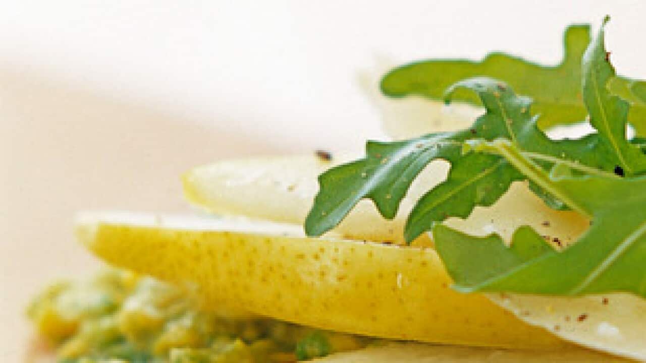 A supplied image obtained Monday, March 25, 2013 of a pear-avocado-rocket sandwich. 85 to 95 per cent of all pears in Australia are grown in Shepparton. (AAP Image/Supplied by Impact Communications) NO ARCHIVING, EDITORIAL USE ONLY