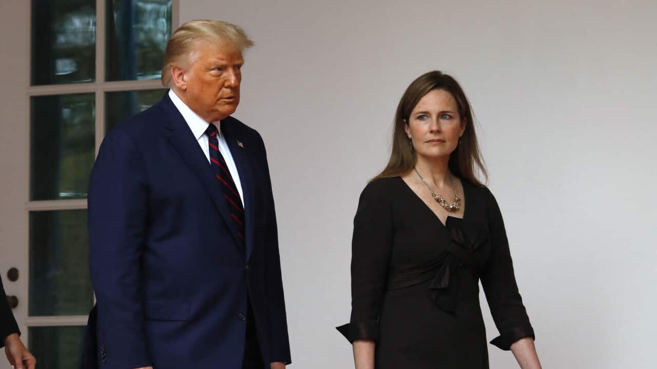 U.S. President Donald Trump arrives with Judge Amy Coney Barrett to introduce her as his the Supreme Court Associate Justice nominee in the Rose Garden of the White House in Washington on September 26, 2020. Photo by Yuri Gripas/ABACAPRESS.COM.