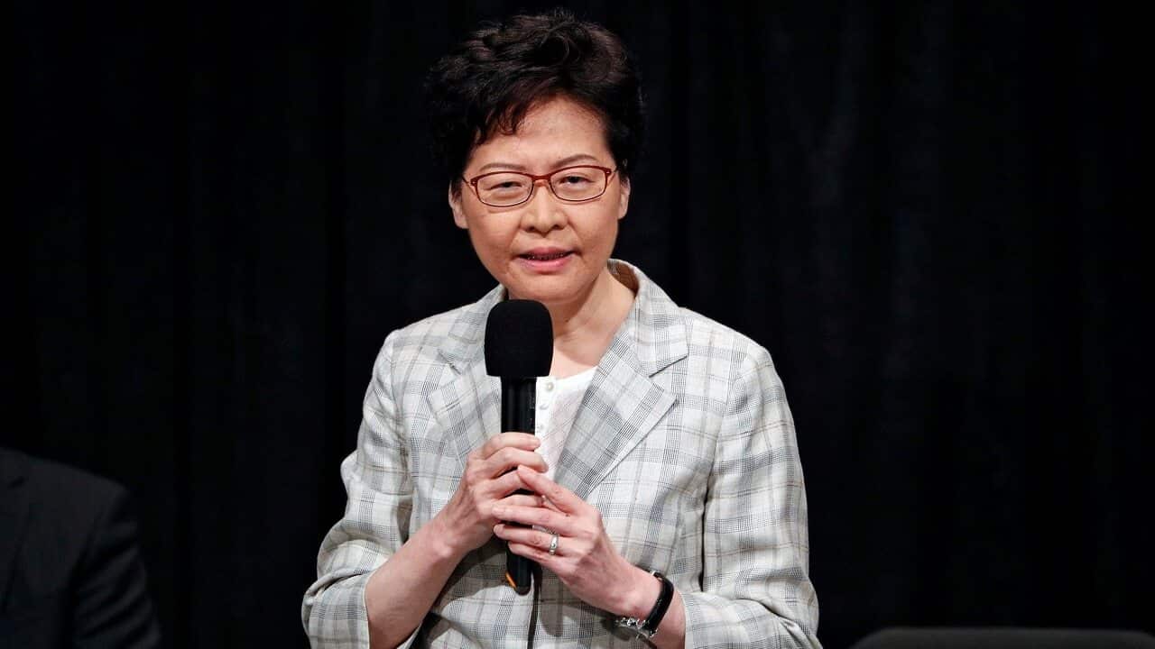 Hong Kong Chief Executive Carrie Lam speaks during a community dialogue on Thursday.