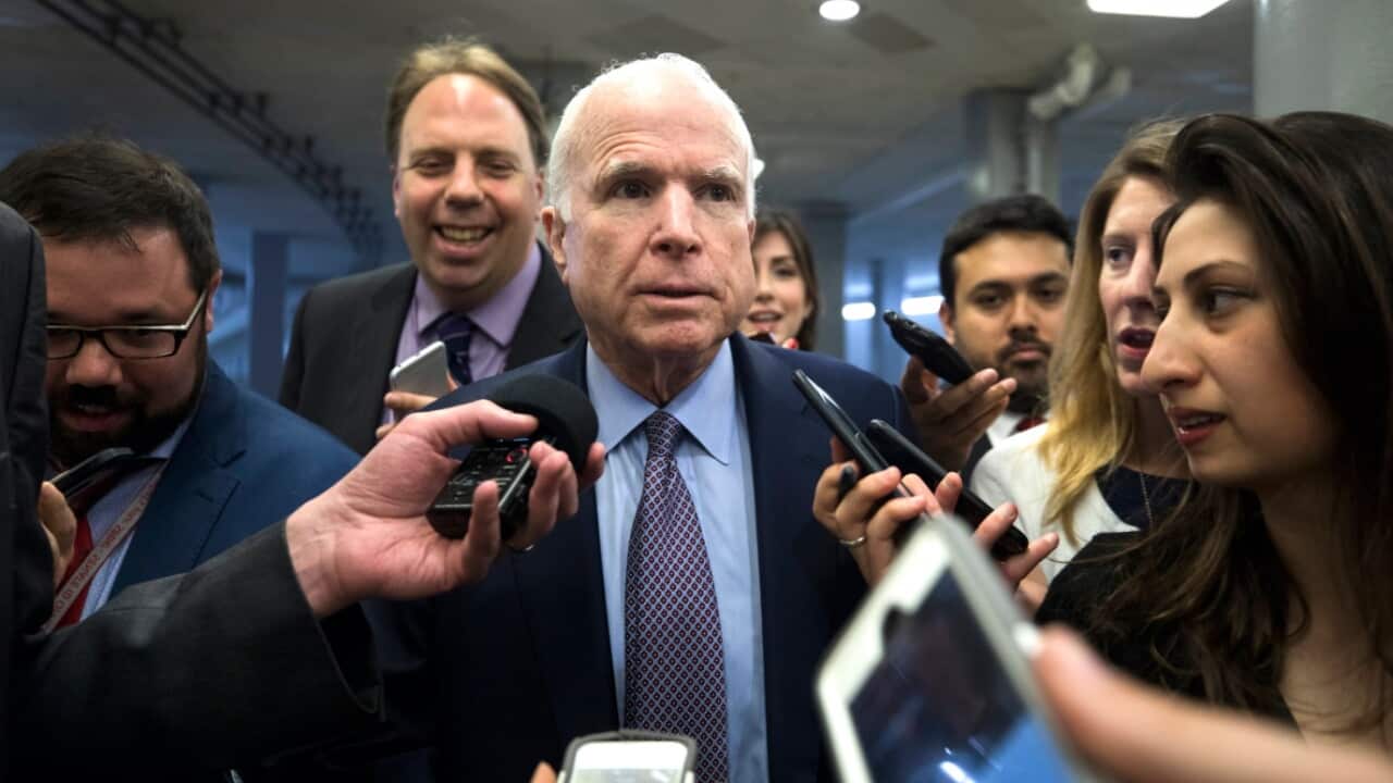 Republican Senator from Arizona John McCain speaks to the media on May 16
