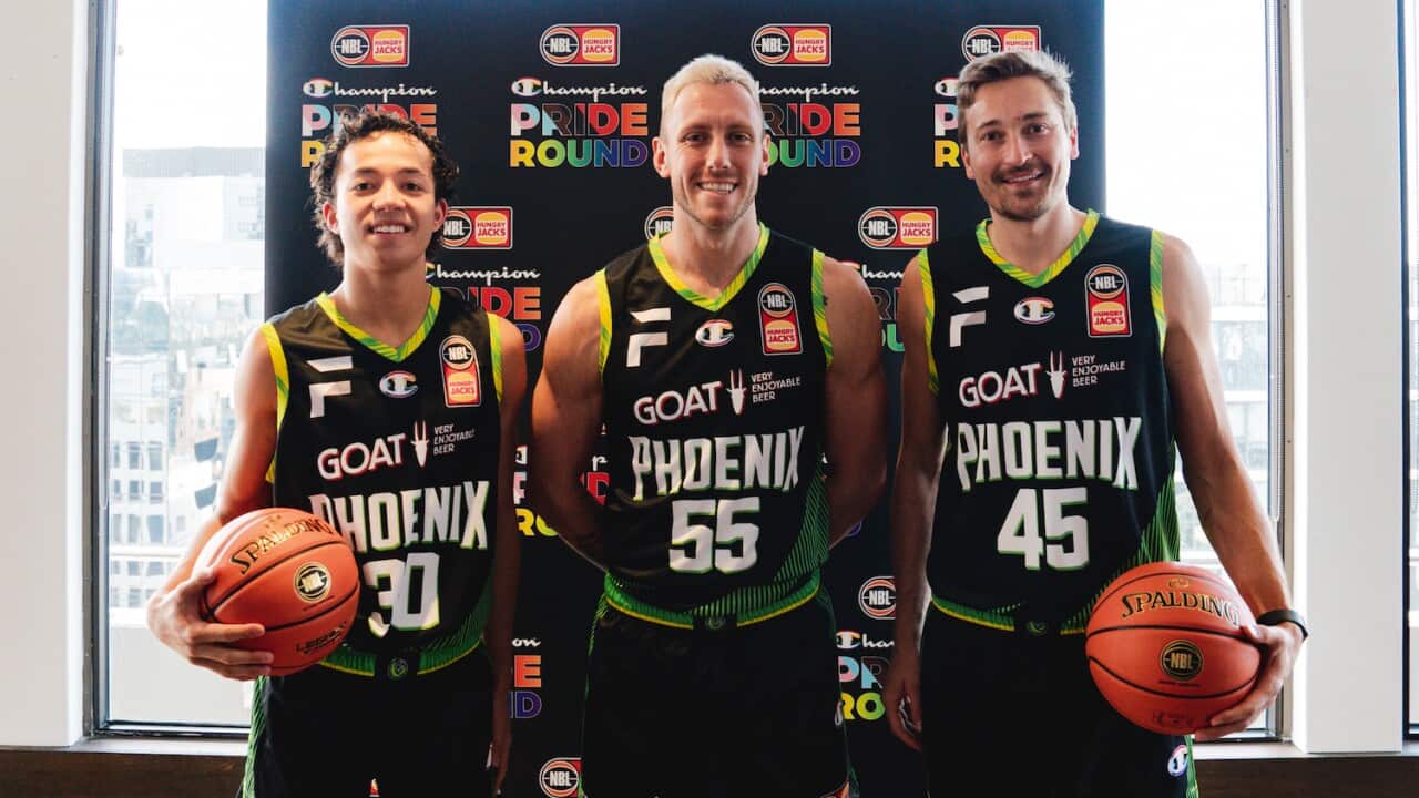 South East Melbourne Phoenix players Mitch Creek, Ryan Broekhoff and Owen Foxwell help launch the NBL Pride Round. (Supplied by NBL).jpg