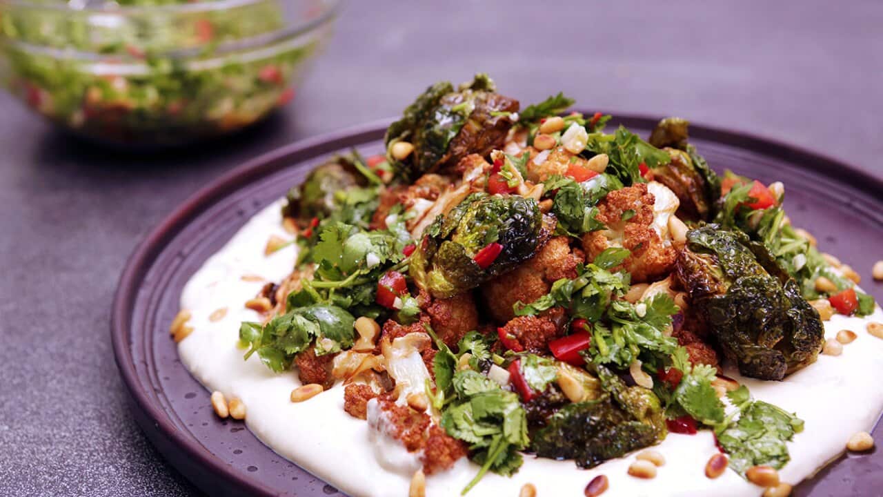 Fried cauliflower and brussel sprouts with tahini sauce