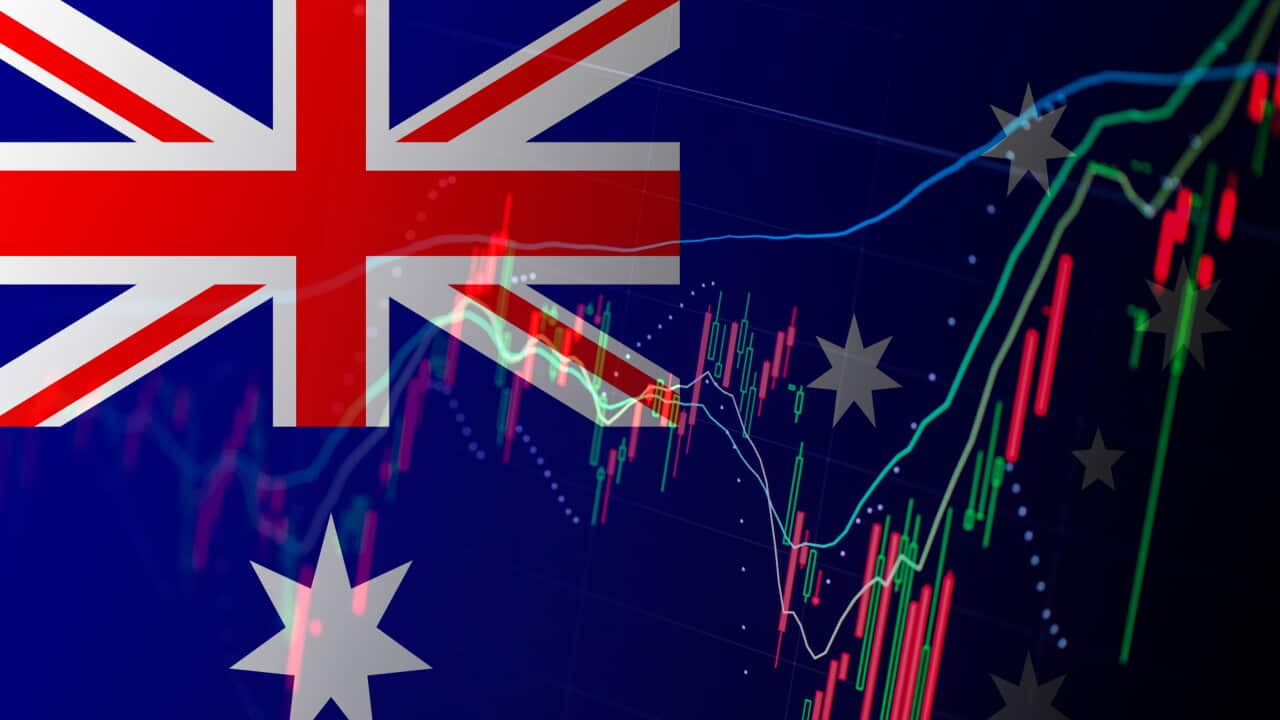 Australian flag with economic data in the background. Australian Economy