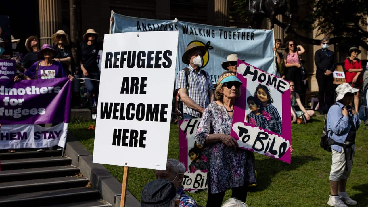 Supporters of the refugees gather at the State Library Victoria during a Justice For Refugees rally in Melbourne