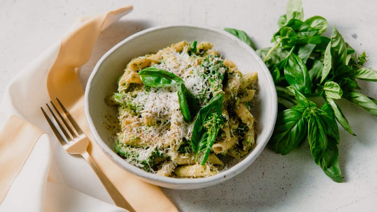 Gluten-free penne with creamy broccolini pesto