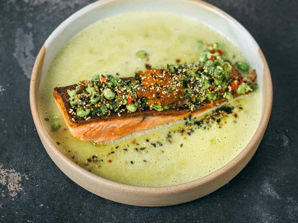 Crisp-skinned ocean trout with raw pea salsa
