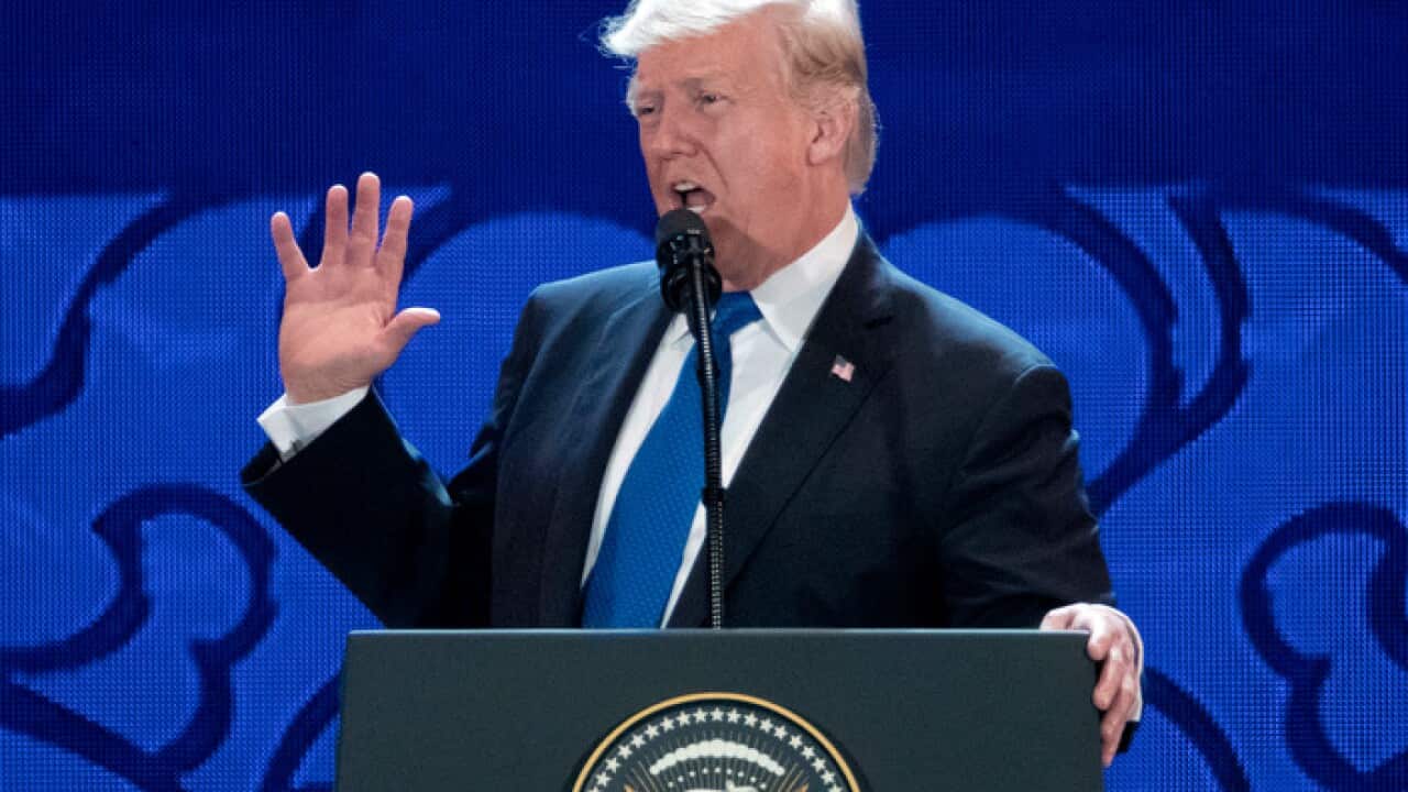 U.S. President Donald Trump speaks at the Asia-Pacific Economic Cooperation (APEC) CEO Summit at the Aryana Convention Center in Danang, Vietnam, Friday, Nov. 10, 2017. (AP Photo/Mark Schiefelbein)
