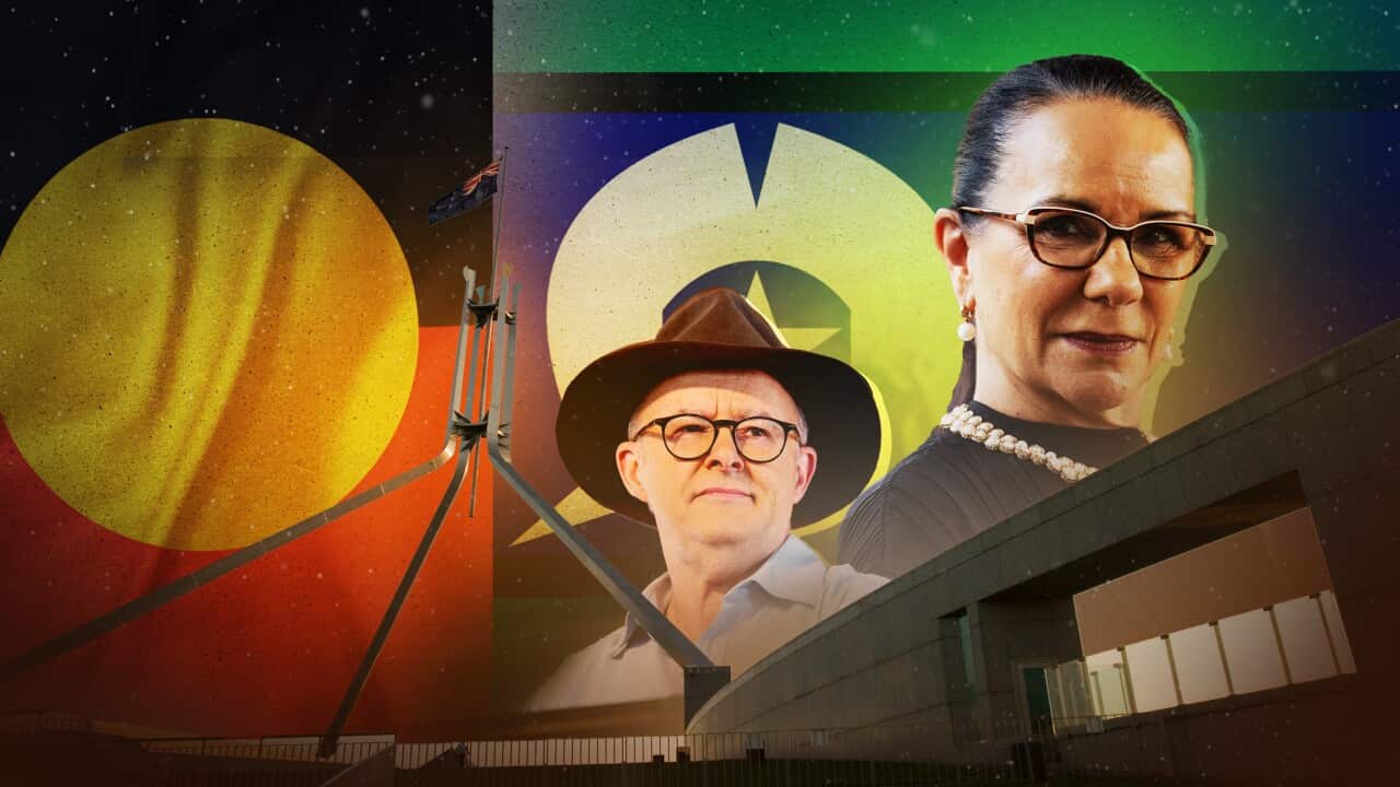 An illustration depicting Prime Minister Anthony Albanese, Indigenous Affairs Minister Linda Burney, Australian parliament and the Indigenous flag