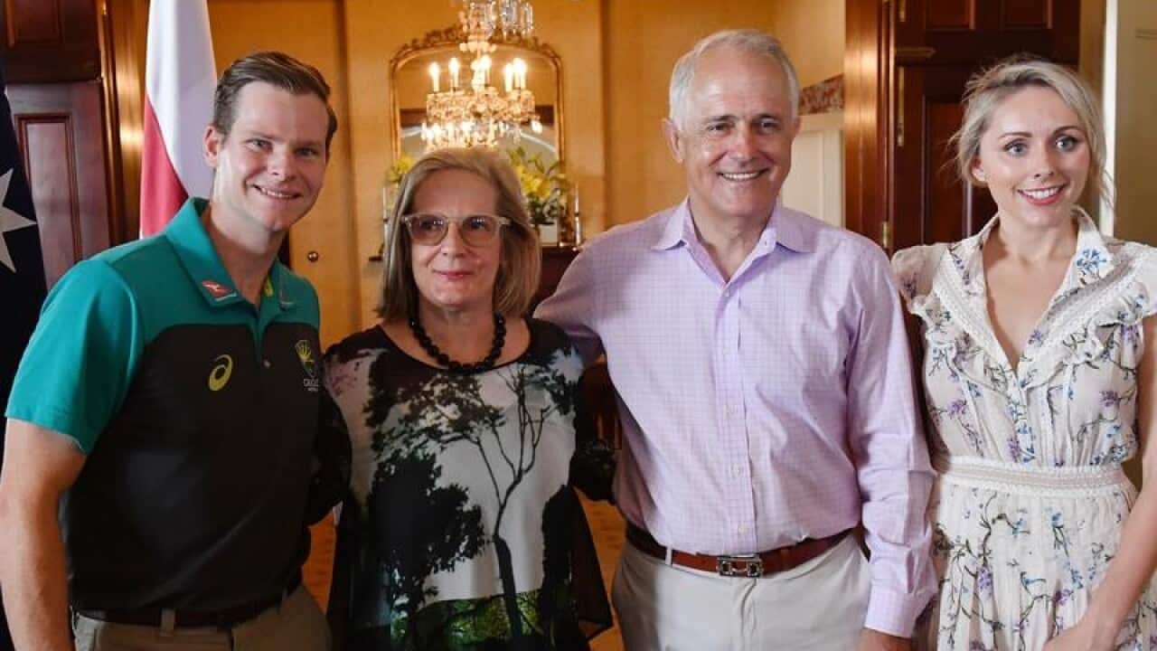 File image of Steve Smith, Lucy and Malcolm Turnbull, and Dani Willis.