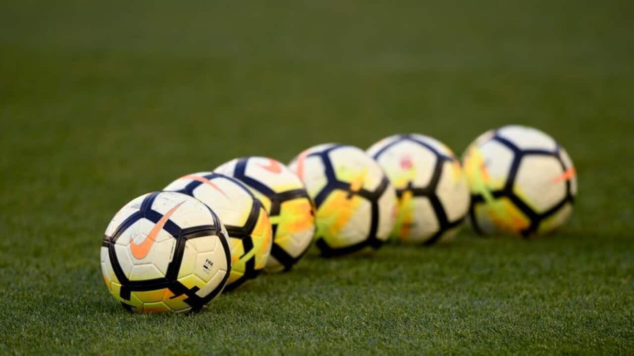 Practice balls on the ground ahead of the round 2 A-League match between Melbourne Victory and Melbourne City, at Etihad Stadium in Melbourne, Saturday, October 14, 2017. (AAP Image/Joe Castro) NO ARCHIVING, EDITORIAL USE ONLY