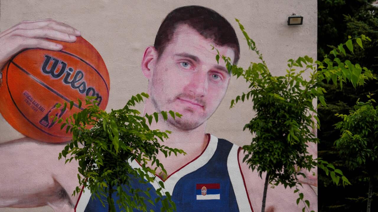 A mural showing Denver Nuggets center Nikola Jokic is seen on a wall in Belgrade, Serbia.