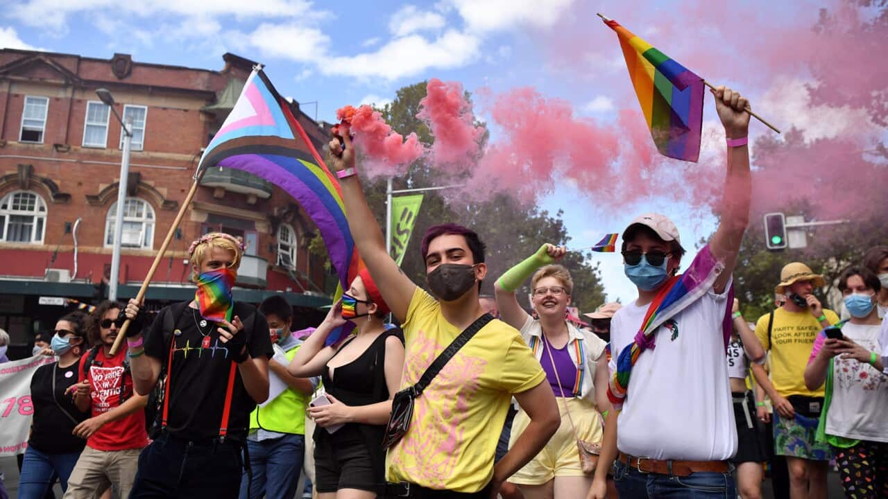 LGBTQI+ rights protesters at Mardi Gras in Sydney (AAP)